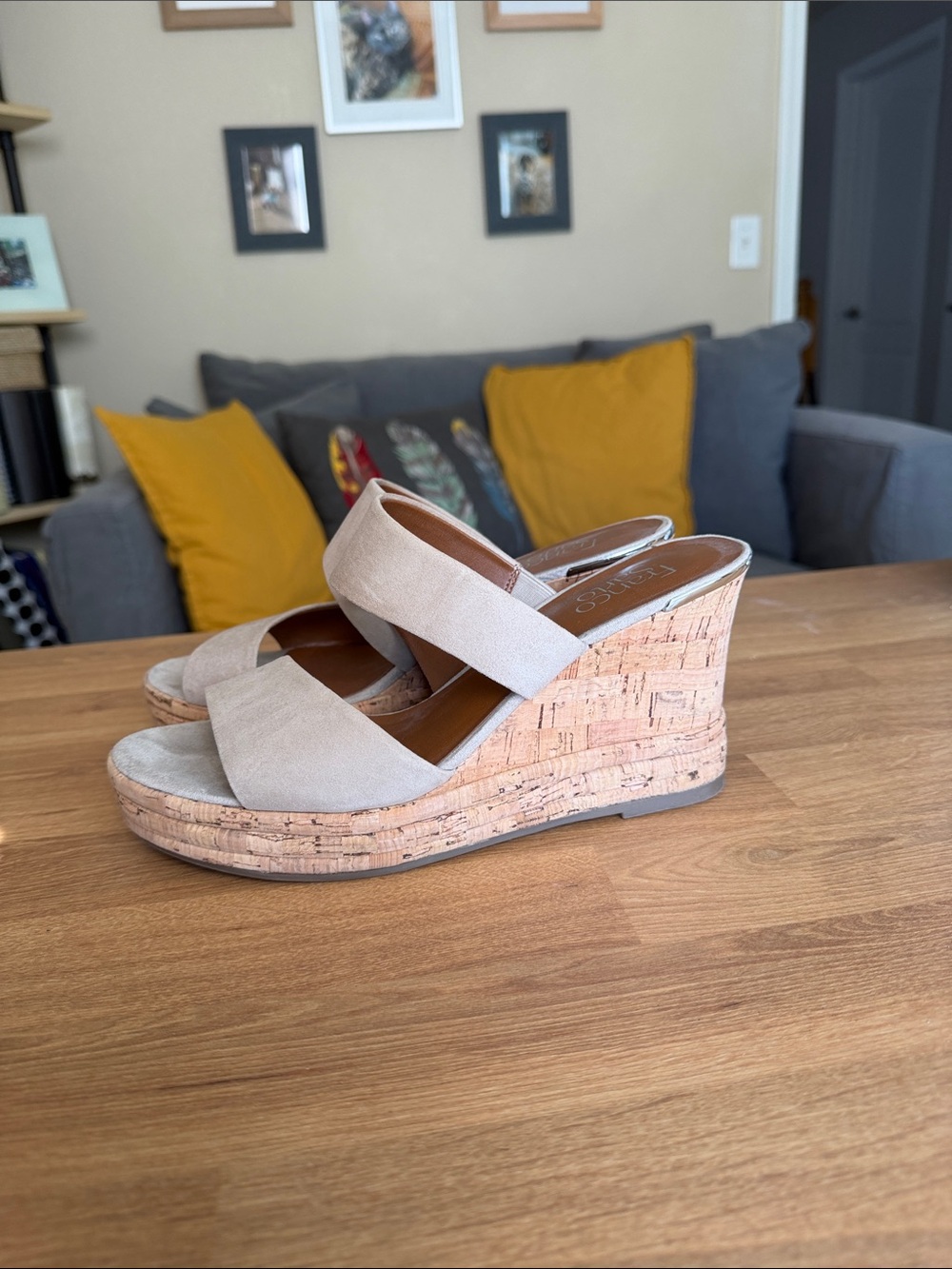 Franco Sarto Beige Suede Double-Band Platform Sandals - Picture 3 of 5